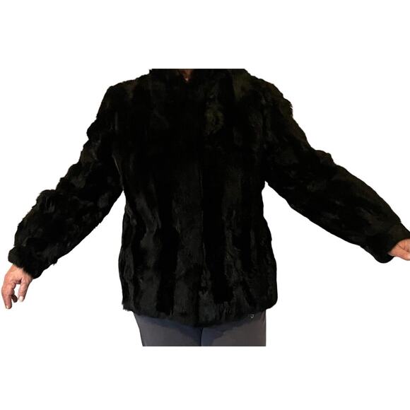 Wilsons Leather Rabbit Fur Jacket Womens Size L Black Pockets Vintage - Picture 1 of 7